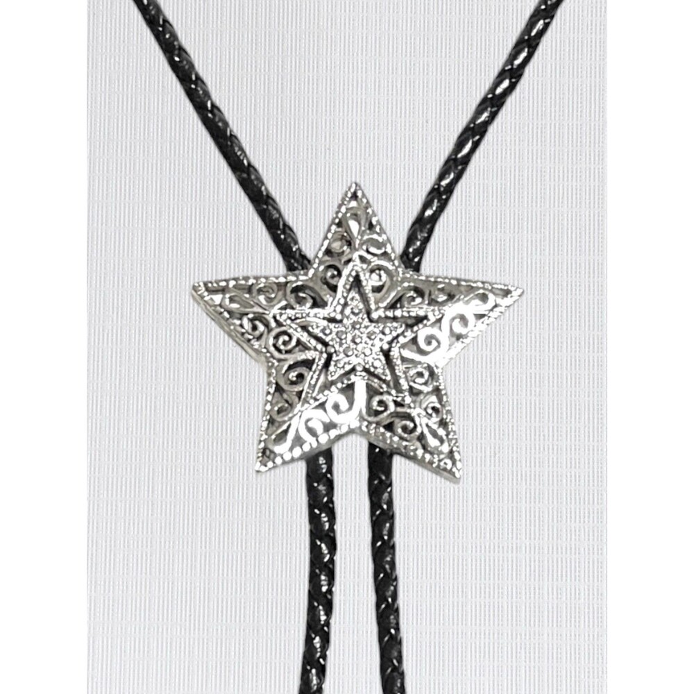 Bolo Tie 36" Silver Tone Star Scrollwork Black Braided Cord Western Southwestern